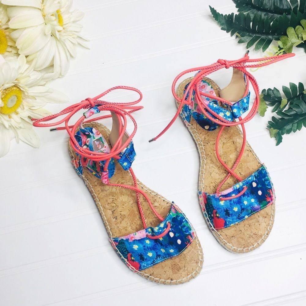 Gianni Bini Floral Pink Blue Boho Lace Up Sandals Size 6 NWOB